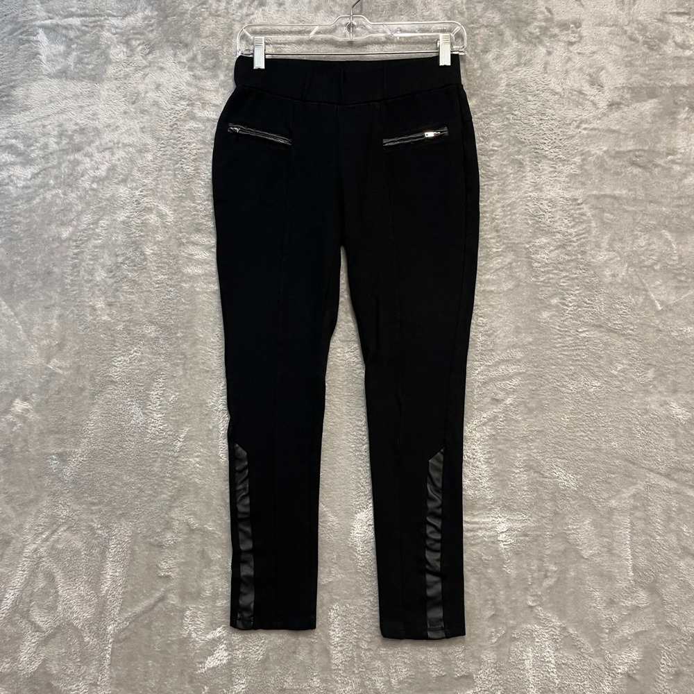 Guess Ponte Leggings Womens Medium Black Faux Leather Trim Moto Zipper Pockets